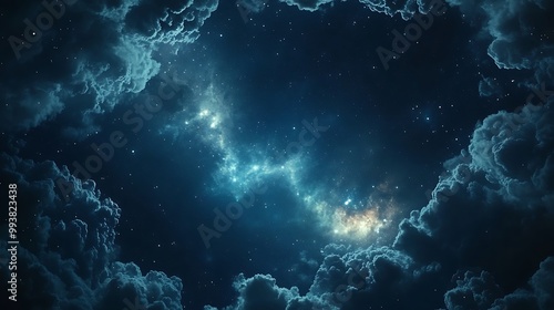 A cosmic scene featuring swirling clouds and a starry sky, evoking a sense of wonder and exploration.