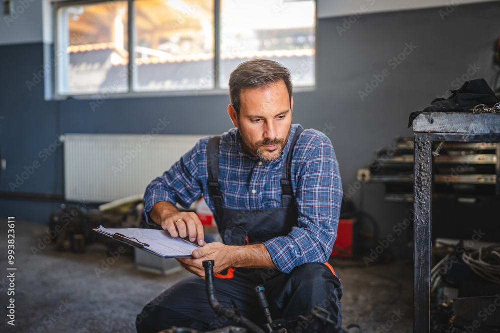 Car mechanic review engine parts with clipboard in workshop setting Car mechanic review engine parts with clipboard in workshop setting
