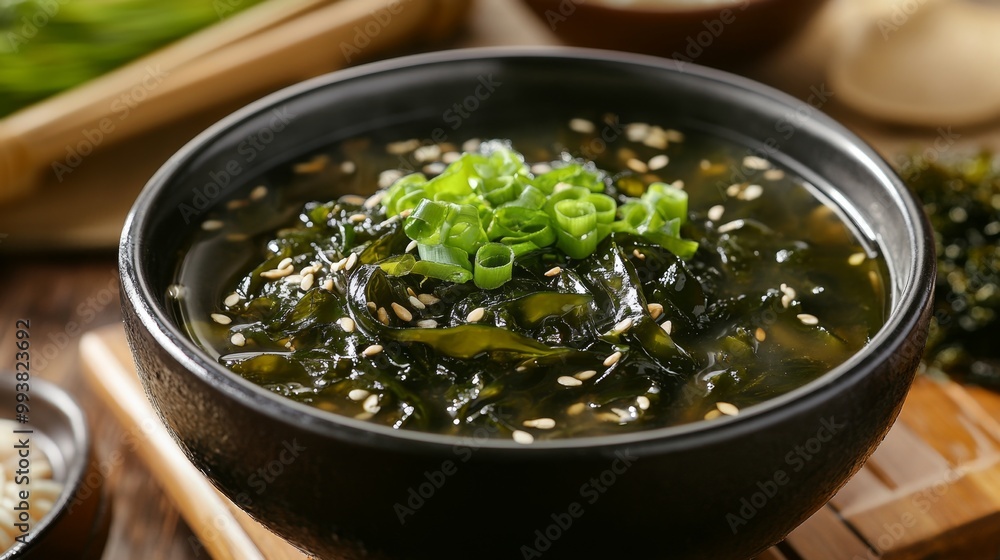 Close up of a bowl of seaweed soup with wakame seaweed, green onion, sesame seeds. Traditional Korean cuisine in birthday. Close up of a bowl of seaweed soup with wakame seaweed, green onion, sesame seeds. Traditional Korean cuisine in birthday.
