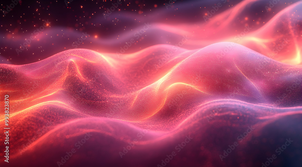 Abstract Background with Wavy Red and Orange Shapes and Glowing Particles Abstract Background with Wavy Red and Orange Shapes and Glowing Particles