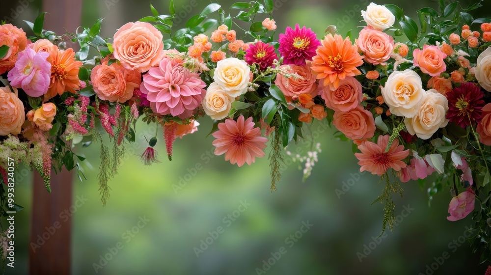 Wooden Arch Adorned with Vibrant Orange and Pink Roses in Lush Garden Setting Wooden Arch Adorned with Vibrant Orange and Pink Roses in Lush Garden Setting