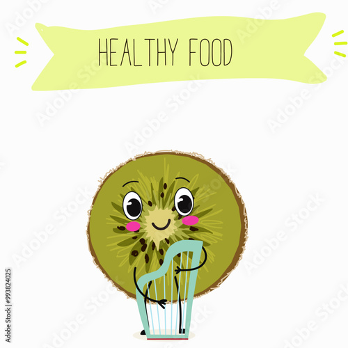 Kiwi character, tropical exotic fruit, vector isolated food icon, funny character. Hand drawn vector.