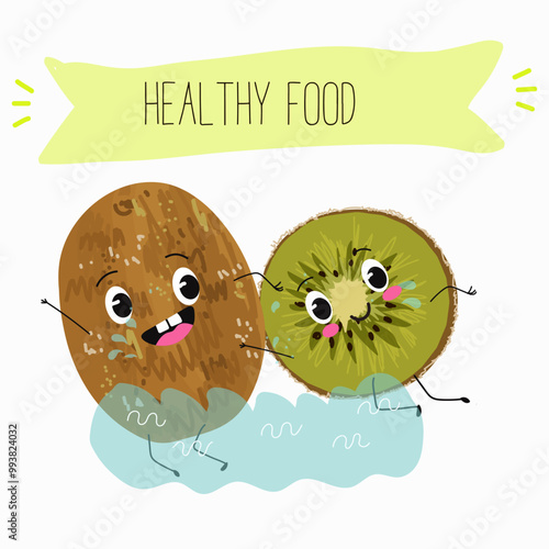 Kiwi character, tropical exotic fruit, vector isolated food icon, funny character. Hand drawn vector.