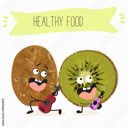 Kiwi character, tropical exotic fruit, vector isolated food icon, funny character. Hand drawn vector.