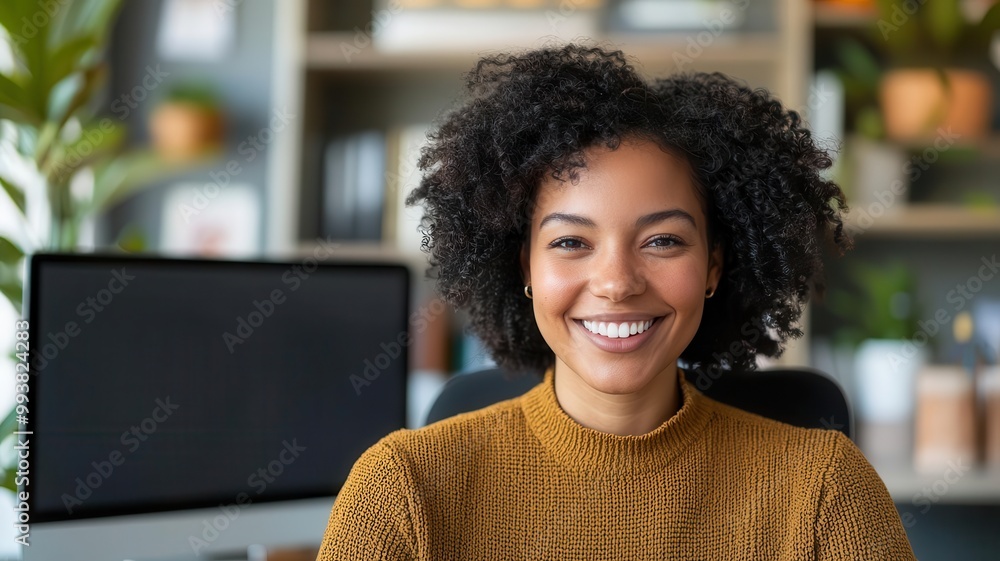 Smiling person participating in a virtual team meeting from their home office, looking engaged and happy team collaboration, remote work happiness Smiling person participating in a virtual team meeting from their home office, looking engaged and happy team collaboration, remote work happiness
