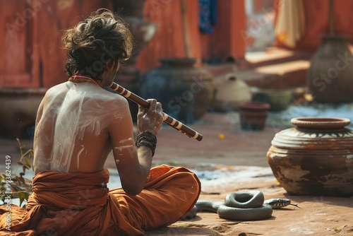 ai generative Indian sadhu monk playing flute in front of snake