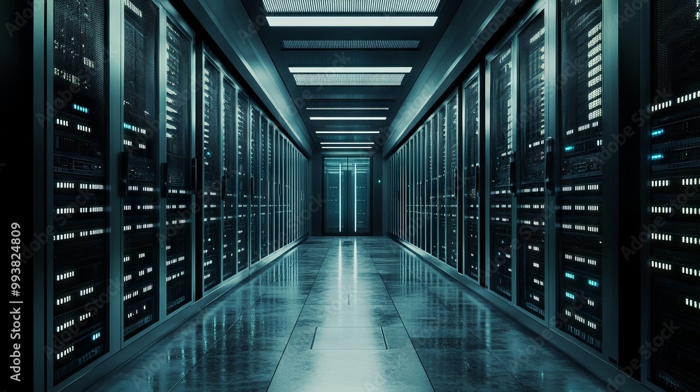 Large Server in Open Server Room Surrounded by Modern Data Drives. AI generated illustration Large Server in Open Server Room Surrounded by Modern Data Drives. AI generated illustration
