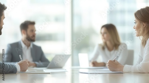 Team of professionals discussing risk mitigation strategies during a corporate meeting risk management, business planning