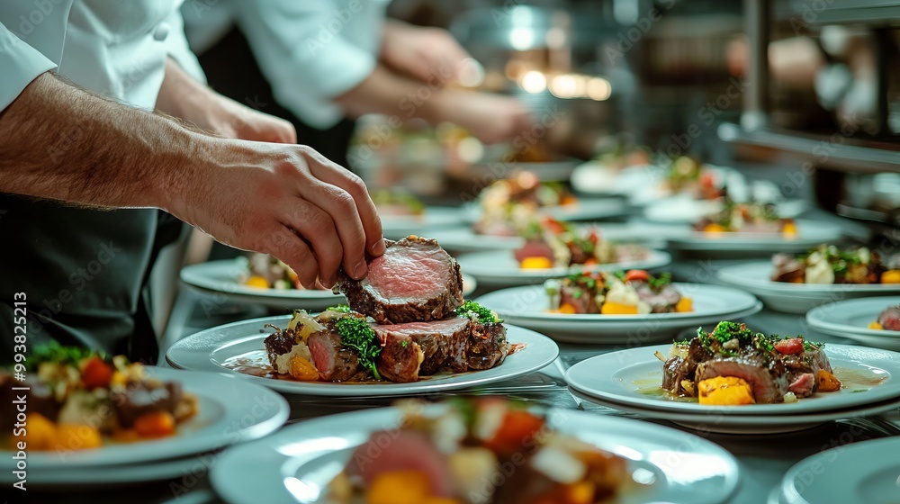 Chef Preparing Fine Dining Dish in Restaurant Kitchen. AI generated illustration Chef Preparing Fine Dining Dish in Restaurant Kitchen. AI generated illustration