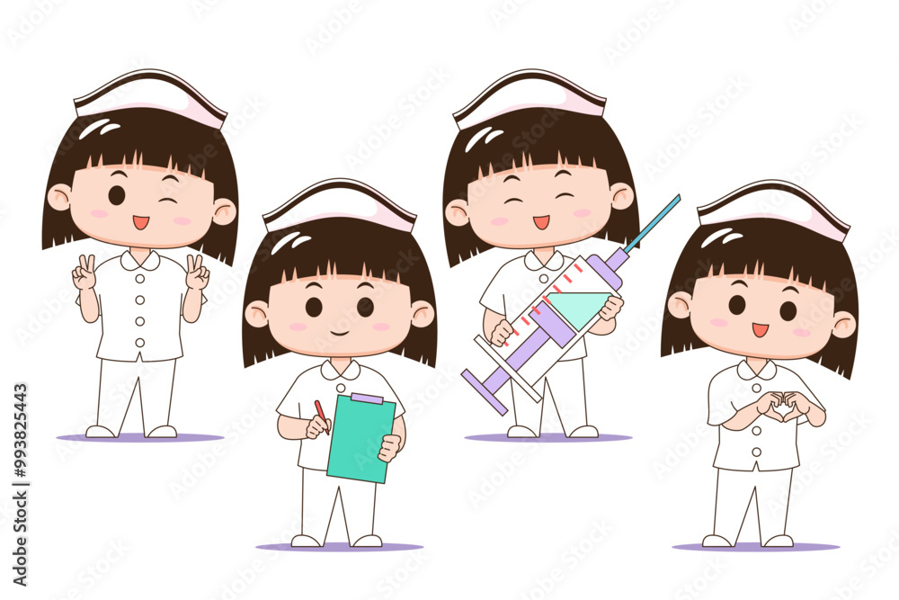 Vector illustration of four cartoon nurse characters in different poses with medical equipment, isolated on white background. Vector illustration of four cartoon nurse characters in different poses with medical equipment, isolated on white background.