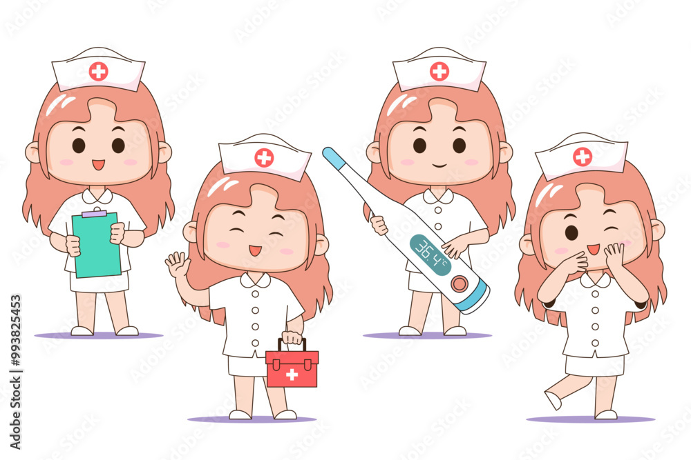 Vector illustration of four cartoon nurse characters in different poses, featuring medical uniforms and equipment. Vector illustration of four cartoon nurse characters in different poses, featuring medical uniforms and equipment.