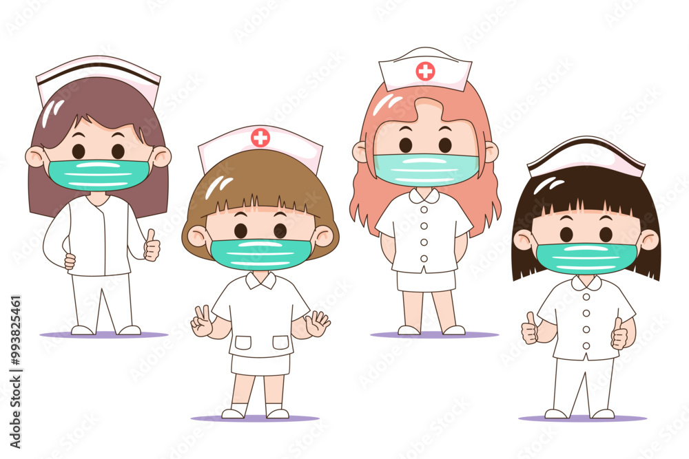 A set of four cartoon healthcare workers with masks, showcasing diversity in uniforms and hairstyles, ideal for medical-themed designs. A set of four cartoon healthcare workers with masks, showcasing diversity in uniforms and hairstyles, ideal for medical-themed designs.