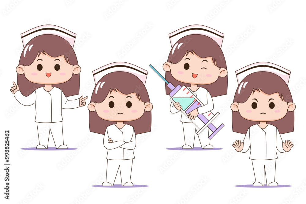 Vector illustration of four cartoon nurse characters in different poses, showcasing a range of emotions and actions, ideal for medical-themed designs. Vector illustration of four cartoon nurse characters in different poses, showcasing a range of emotions and actions, ideal for medical-themed designs.