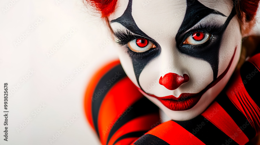 Close-up portrait of a female harlequin clown wearing red and black striped tights, set against a white background. Close-up portrait of a female harlequin clown wearing red and black striped tights, set against a white background.