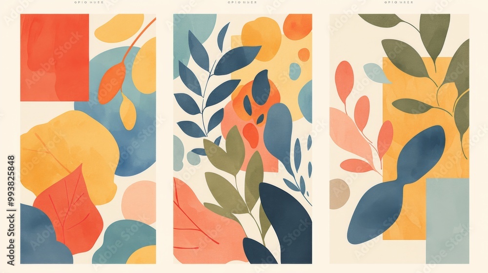 3 vertical poster frames in pastel colors and simple shapes with plant 3 vertical poster frames in pastel colors and simple shapes with plant