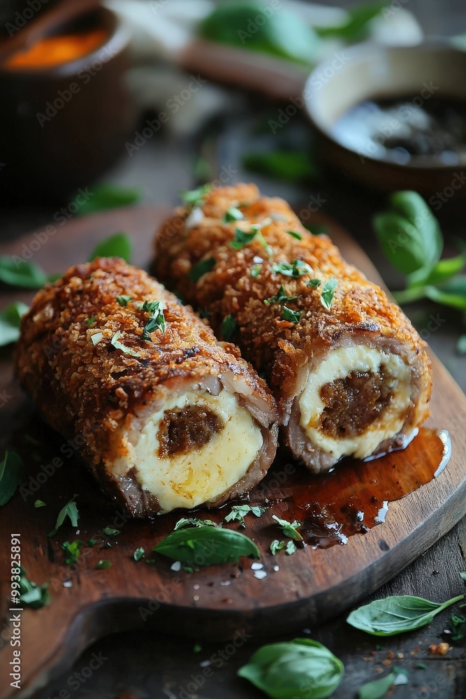 Karadjordjeva šnicla - Breaded and fried rolled steak stuffed with cheese. Karadjordjeva šnicla - Breaded and fried rolled steak stuffed with cheese.