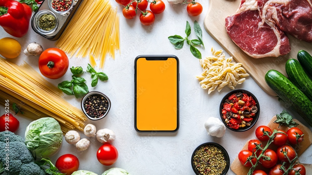 Mobile Phone Surrounded by Food Items for Online Shopping. AI generated illustration Mobile Phone Surrounded by Food Items for Online Shopping. AI generated illustration