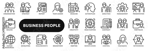 Set of vector linear icons related to business people, team management, human resources. Symbols for website or app ui, logo design, illustration
