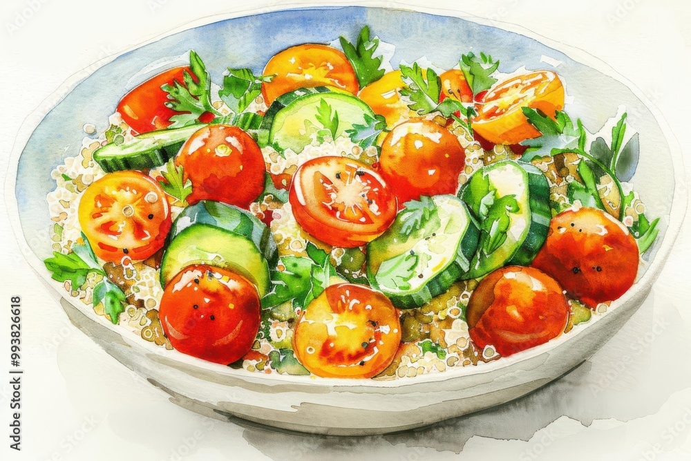 Artistic watercolor of a quinoa salad with cherry tomatoes, cucumber, and herbs, Nutritional food, Plant-based diet Artistic watercolor of a quinoa salad with cherry tomatoes, cucumber, and herbs, Nutritional food, Plant-based diet