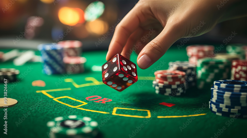 Hand Rolling Dice on Casino Table with Chips Hand Rolling Dice on Casino Table with Chips