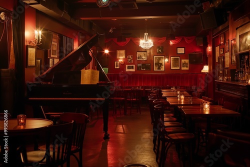 Grand piano standing in an empty jazz club photo