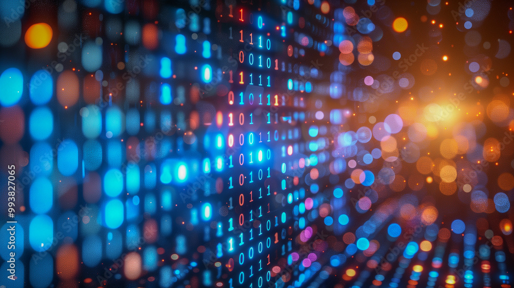 Abstract Digital Binary Code with Vibrant Lights and Bokeh.. Abstract Digital Binary Code with Vibrant Lights and Bokeh..