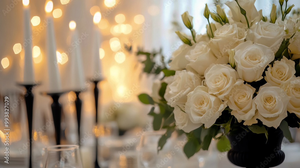 Fototapeta premium Wedding hall with white decorations and white roses.
