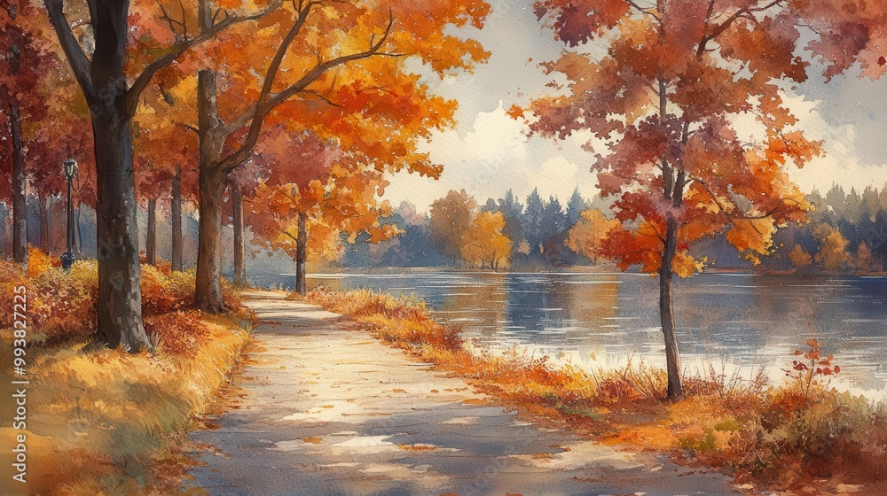 Fototapeta premium watercolor depiction of an autumn park scene capturing the serene beauty of changing leaves and tranquil paths evoking feelings of peace and reflection