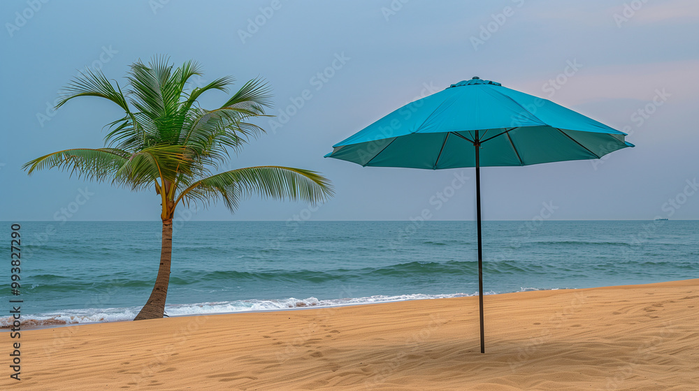 Minimalist Beach Scene with Palm Tree and Blue Umbrella.. Minimalist Beach Scene with Palm Tree and Blue Umbrella..