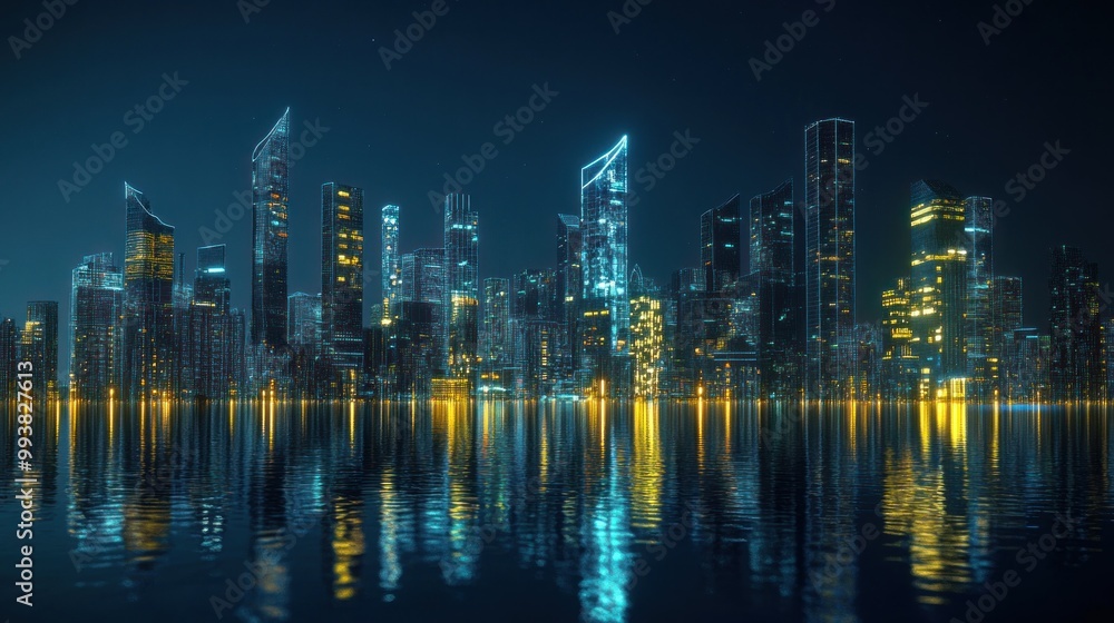 Night Cityscape with Neon Lights Reflecting on Water Night Cityscape with Neon Lights Reflecting on Water
