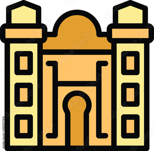 India gate memorial building representing new delhi landmark in simple colored line icon style