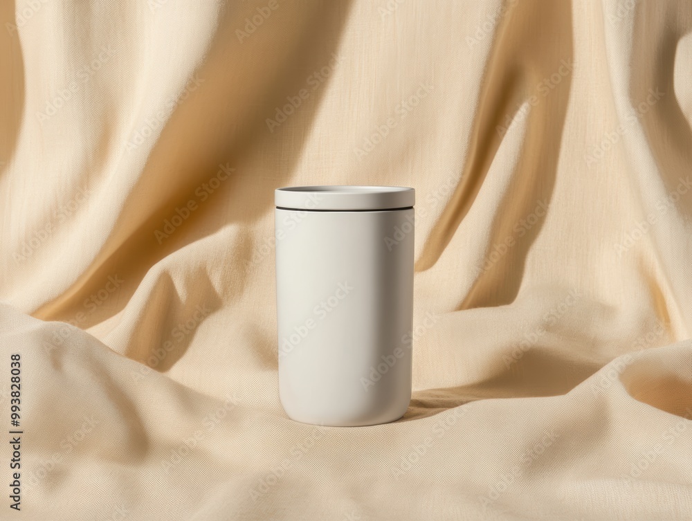 Tumbler mockup with soft natural sunlight and deep shadows on a textured fabric background, editorial elegance Tumbler mockup with soft natural sunlight and deep shadows on a textured fabric background, editorial elegance