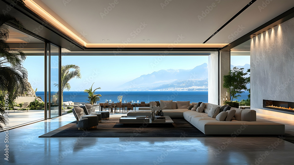 Fototapeta premium Modern Living Room Interior Design with Ocean View 3D Illustration