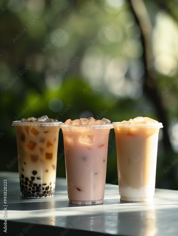 Three iced bubble tea drinks standing on table outdoors Three iced bubble tea drinks standing on table outdoors