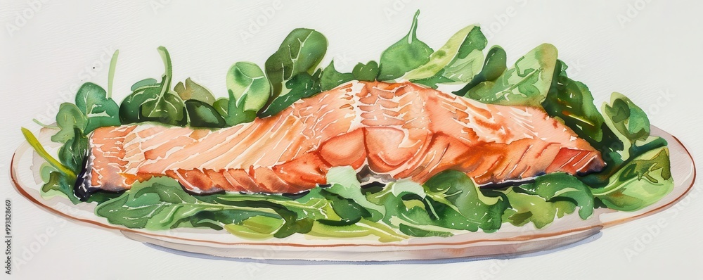 Detailed watercolor painting of a salmon fillet on a bed of greens, Nutritional food, Omega-3 rich diet Detailed watercolor painting of a salmon fillet on a bed of greens, Nutritional food, Omega-3 rich diet