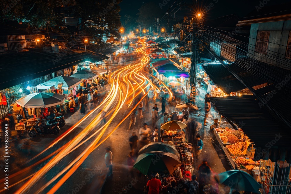 Fototapeta premium Night market long exposure photography with light trails