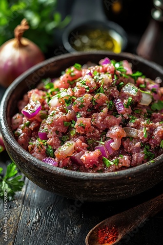 Tatar - Serbian dish with raw minced meat, onions, and spices.