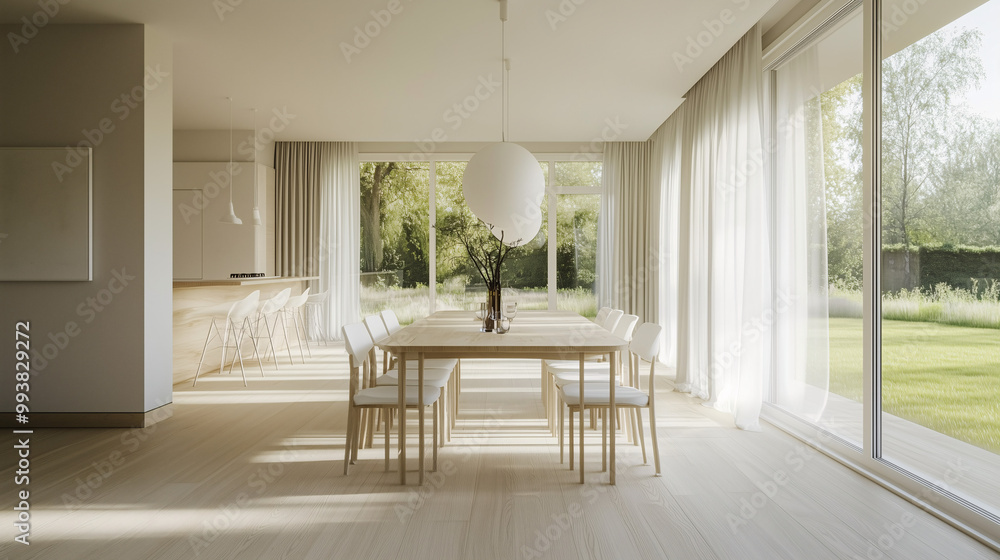 Fototapeta premium Bright minimalist dining area with a simple wooden table and white chairs, set in a spacious room with large windows and natural light