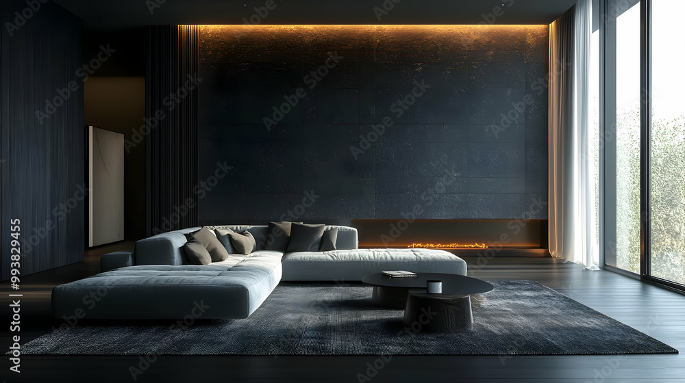 Modern Living Room Interior Design with Black Walls and a Cozy Sofa Modern Living Room Interior Design with Black Walls and a Cozy Sofa
