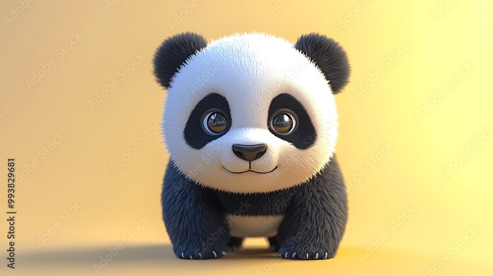 A cute, cartoonish panda character with large eyes, black ears, and a round body, set against a soft yellow background. A cute, cartoonish panda character with large eyes, black ears, and a round body, set against a soft yellow background.