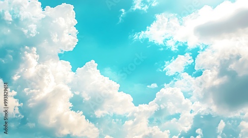 A serene sky filled with fluffy white clouds against a bright blue background.