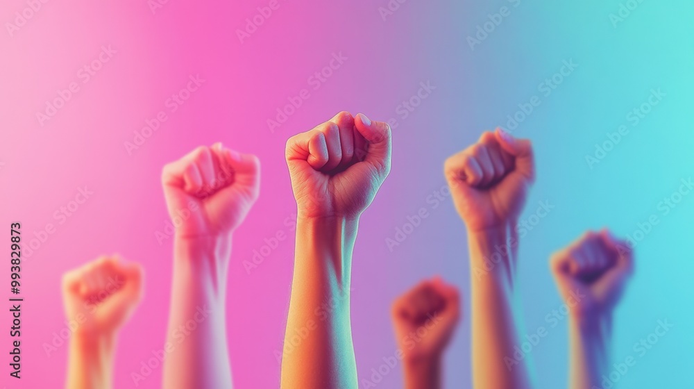 Group of people hands raised up in the air on a colorful background Group of people hands raised up in the air on a colorful background