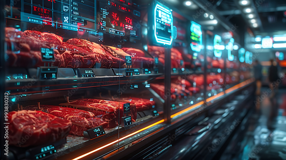 Meat aisle with various cuts displayed in a refrigerated grocery section. close-up of a meat fridge in a grocery store filled with various cuts of fresh meat various cuts of beef, pork and other meats Meat aisle with various cuts displayed in a refrigerated grocery section. close-up of a meat fridge in a grocery store filled with various cuts of fresh meat various cuts of beef, pork and other meats