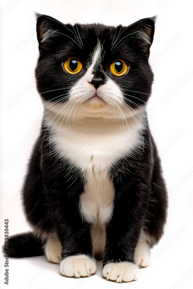 Cute Scottish-fold cat with folded ears, showcasing a black and white fur and golden eyes. Cute Scottish-fold cat with folded ears, showcasing a black and white fur and golden eyes.
