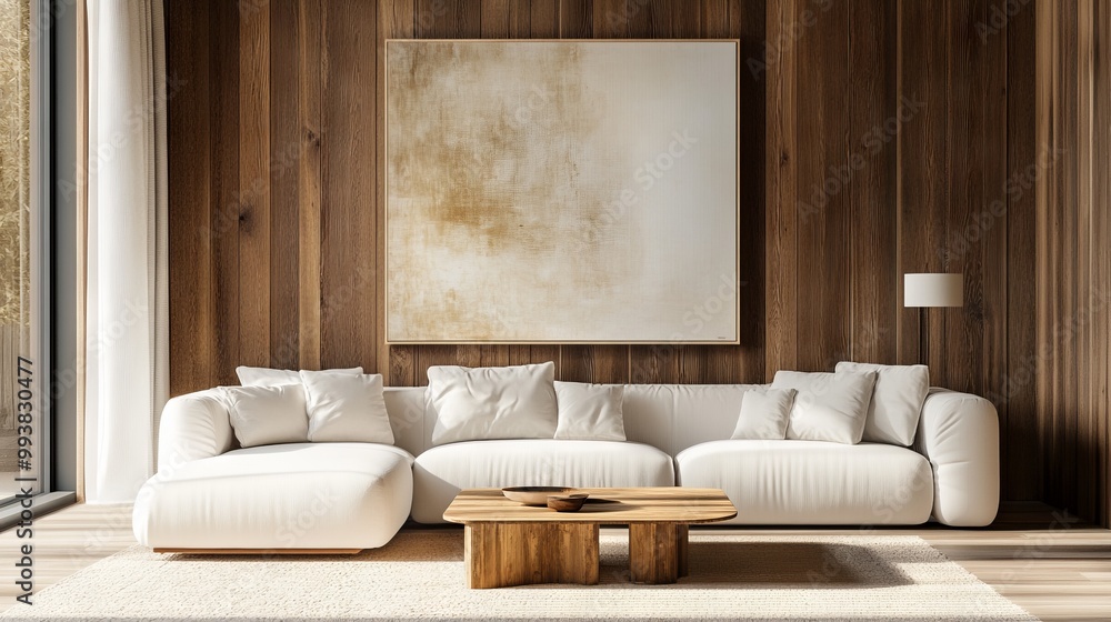 Modern Living Room with White Sofa and Abstract Art. AI generated illustration Modern Living Room with White Sofa and Abstract Art. AI generated illustration