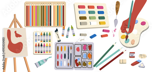 Art supplies, tool kit. Artists equipment, drawing supplies. Flat graphic vector illustration.