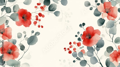 This beautiful background features hand-drawn flowers, branches, and eucalyptus leaves in red and green. It's perfect for banners, prints, wall art, and home decor.