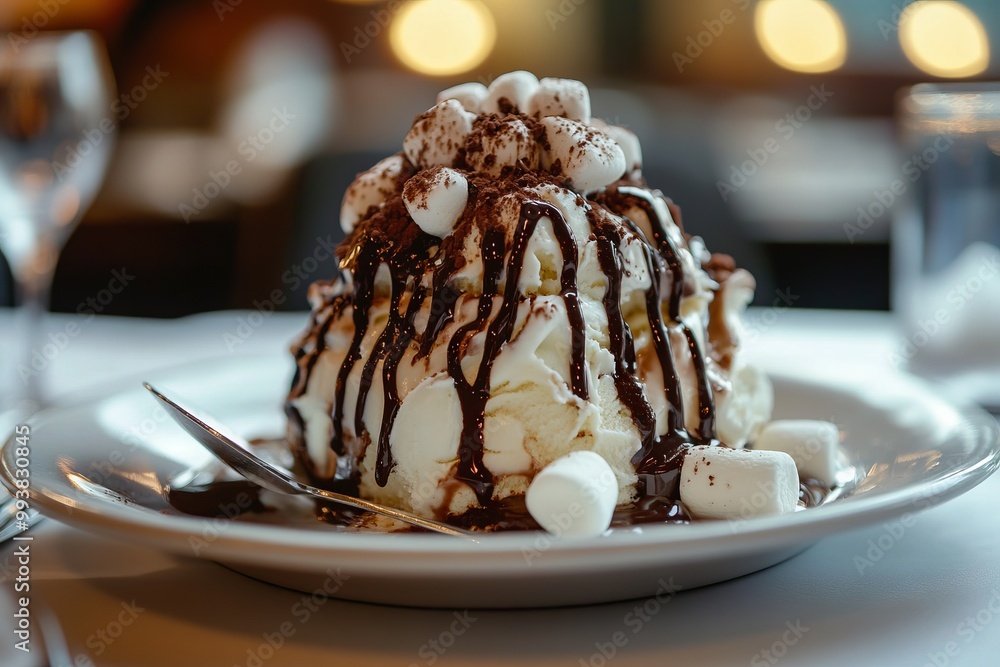 Delicious Ice Cream Sundae with Chocolate Fudge and Marshmallows. AI generated illustration Delicious Ice Cream Sundae with Chocolate Fudge and Marshmallows. AI generated illustration