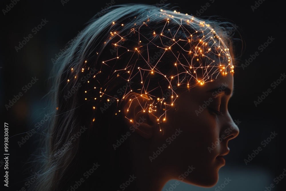 Obraz premium Profile of a womans head filled with glowing network patterns symbolizing the interconnectedness of neurons and cognitive processes