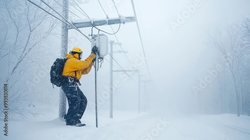 Worker in Yellow Jacket Amid Snowy Power Lines photo